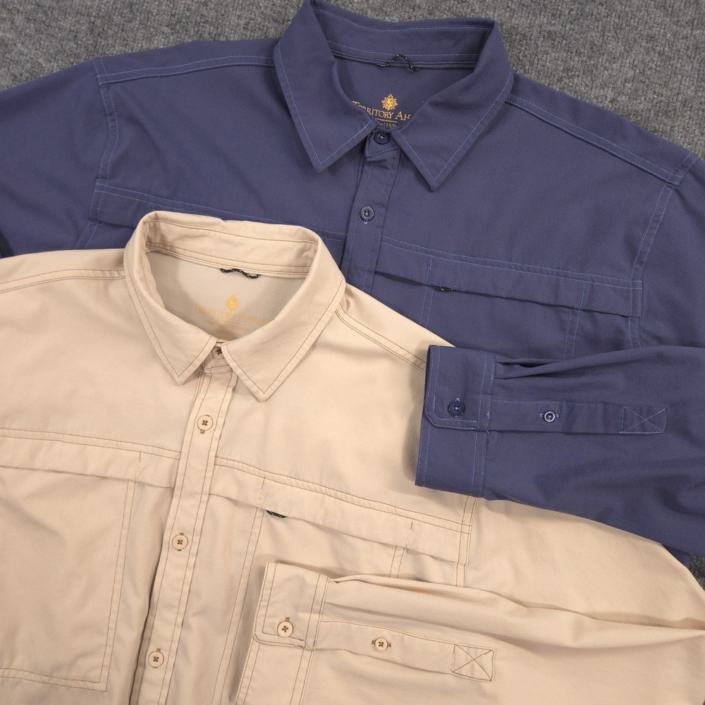 Lot of 2 Territory Ahead Shirts Mens XL Blue Khaki Performance Vented Fish Hike